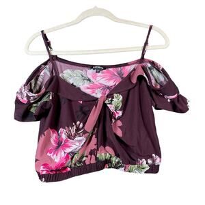 Express Womens Blouse Purple Multi Floral V Neck Cold Shoulder Crop Top Small